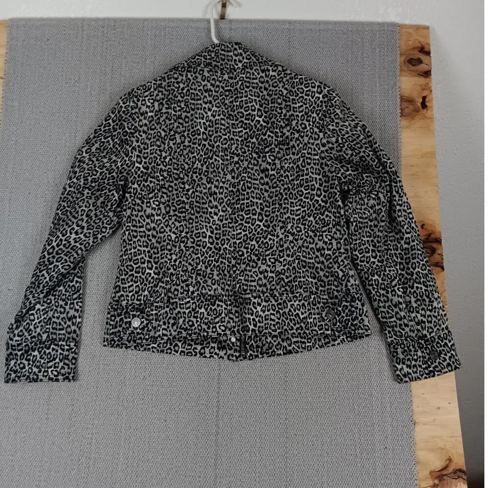 Chico's Brushed Flannel Jacket Womens 0 US 4/6 Gray Leopard Print Stretch Casual